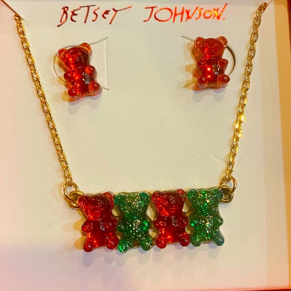 New Betsey Johnson Festive Gummy Bear Necklace & Stud Earrings Set - Picture 6 of 13